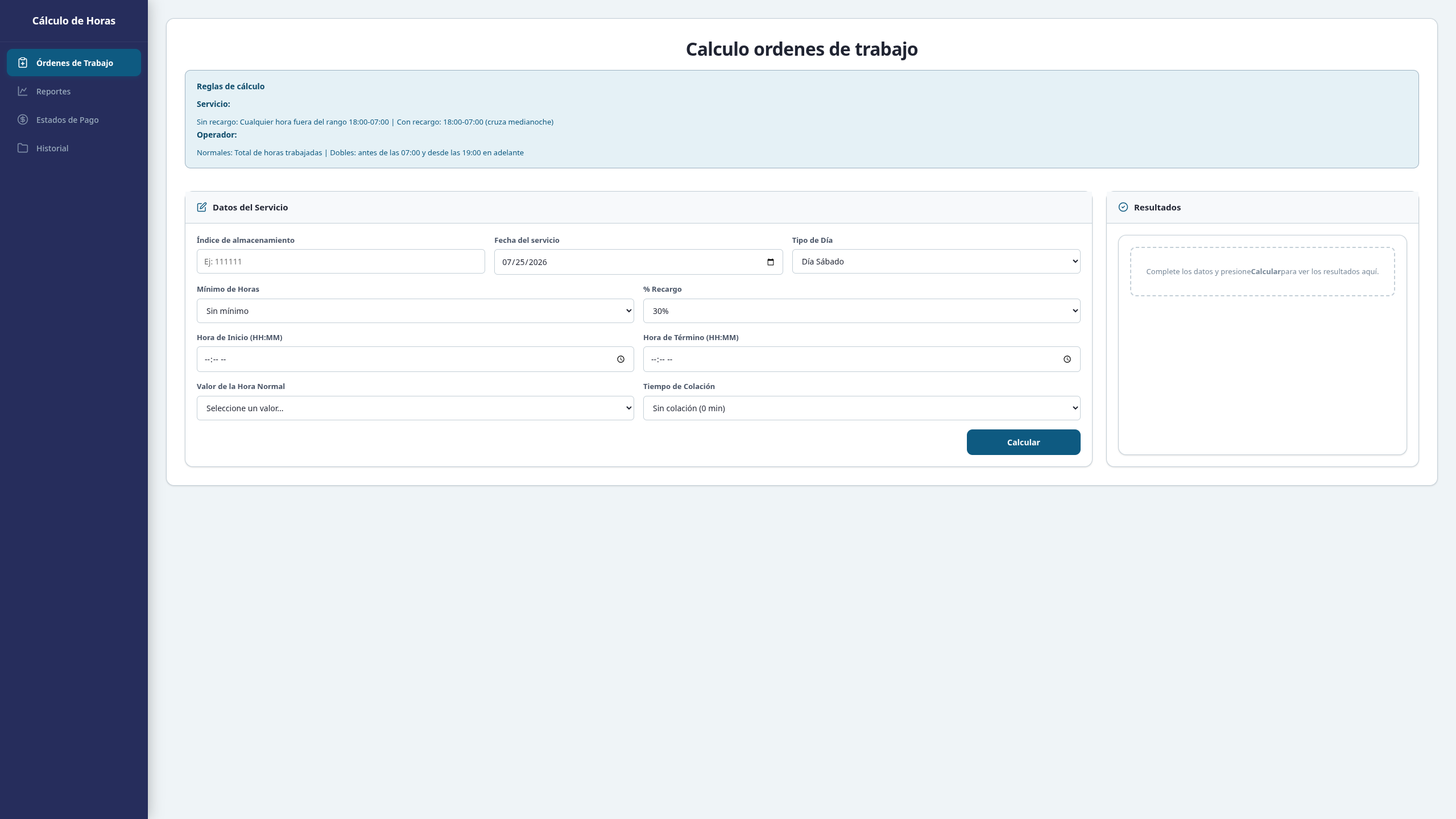 Pantalla de la calculadora individual de órdenes